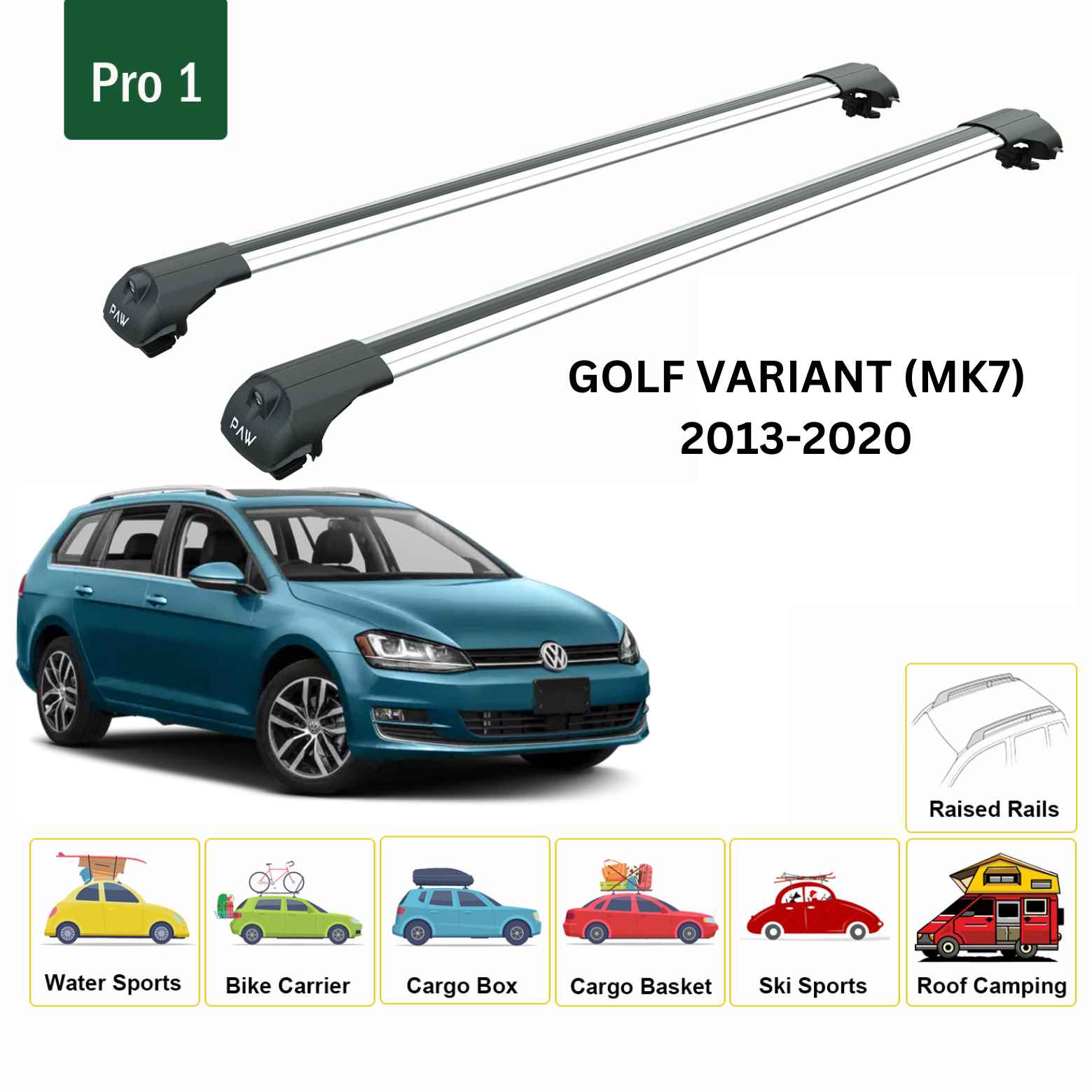For Volkswagen Golf Variant (MK7) 2013-20 Roof Rack Cross Bar Raised Rail Alu Silver For Volkswagen Golf Variant (MK7) 2013-20 Roof Rack Cross Bar Raised Rail Alu Silver